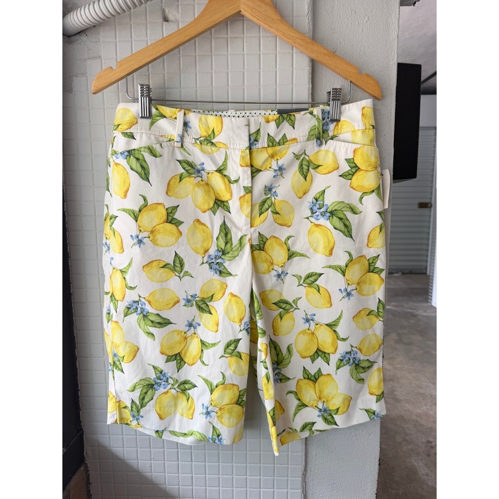 Talbots Perfect Short 10.5 Bermuda Lemon Print Cotton Shorts White Womens 8 NWT - Picture 2 of 9